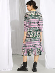 Kotty Pink & Green Ethnic Motifs Printed Cuffed Sleeves A-Line Midi Dress