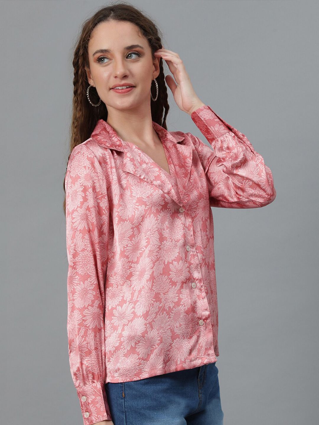 Kotty Pink Relaxed Floral Printed Cuban Collar Satin Casual Shirt