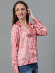 Kotty Pink Relaxed Floral Printed Cuban Collar Satin Casual Shirt