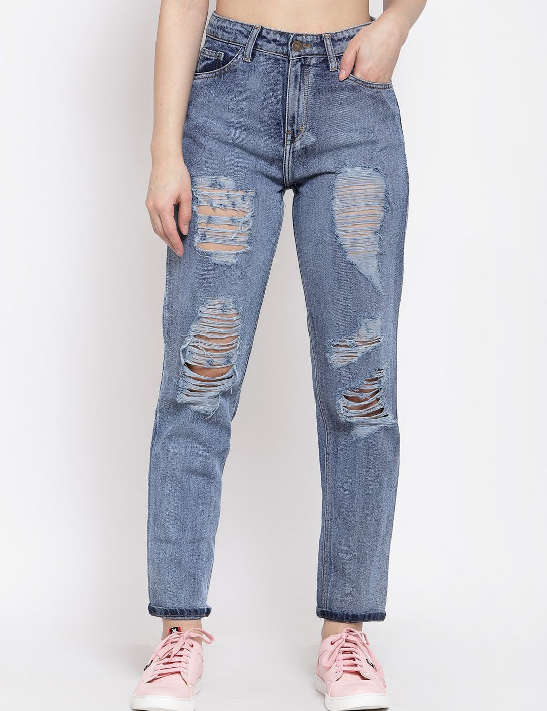 Kotty Women Blue Boyfriend Fit High-Rise Highly Distressed Heavy Fade Jeans