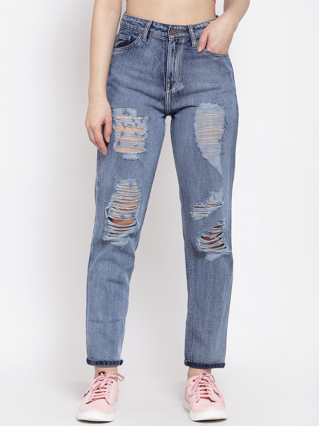 Kotty Women Blue Boyfriend Fit High-Rise Highly Distressed Heavy Fade Jeans