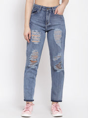 Kotty Women Blue Boyfriend Fit High-Rise Highly Distressed Heavy Fade Jeans