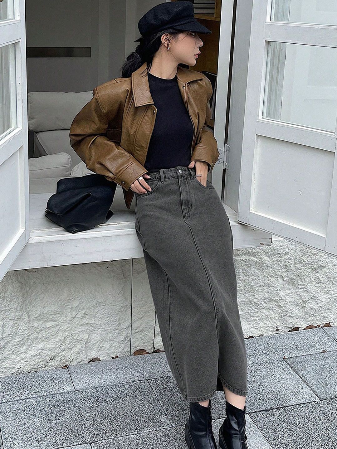 Kotty Denim Straight Midi Skirt