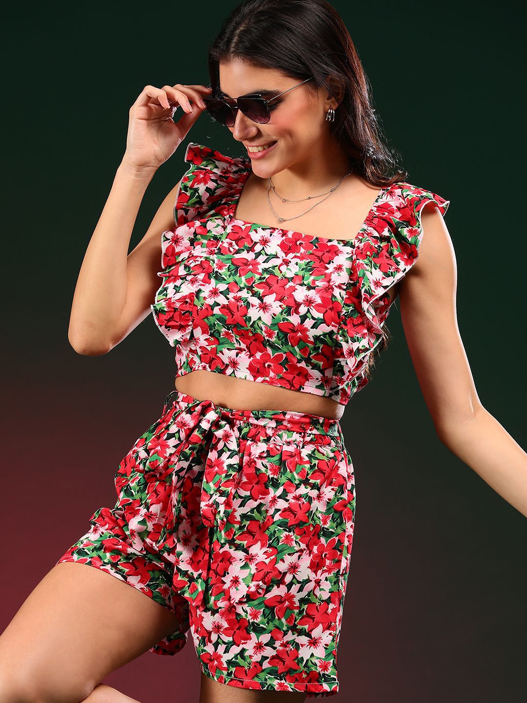Kotty Red Floral Printed Square Neck Top & Shorts