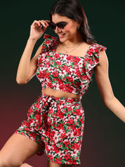 Kotty Red Floral Printed Square Neck Top & Shorts