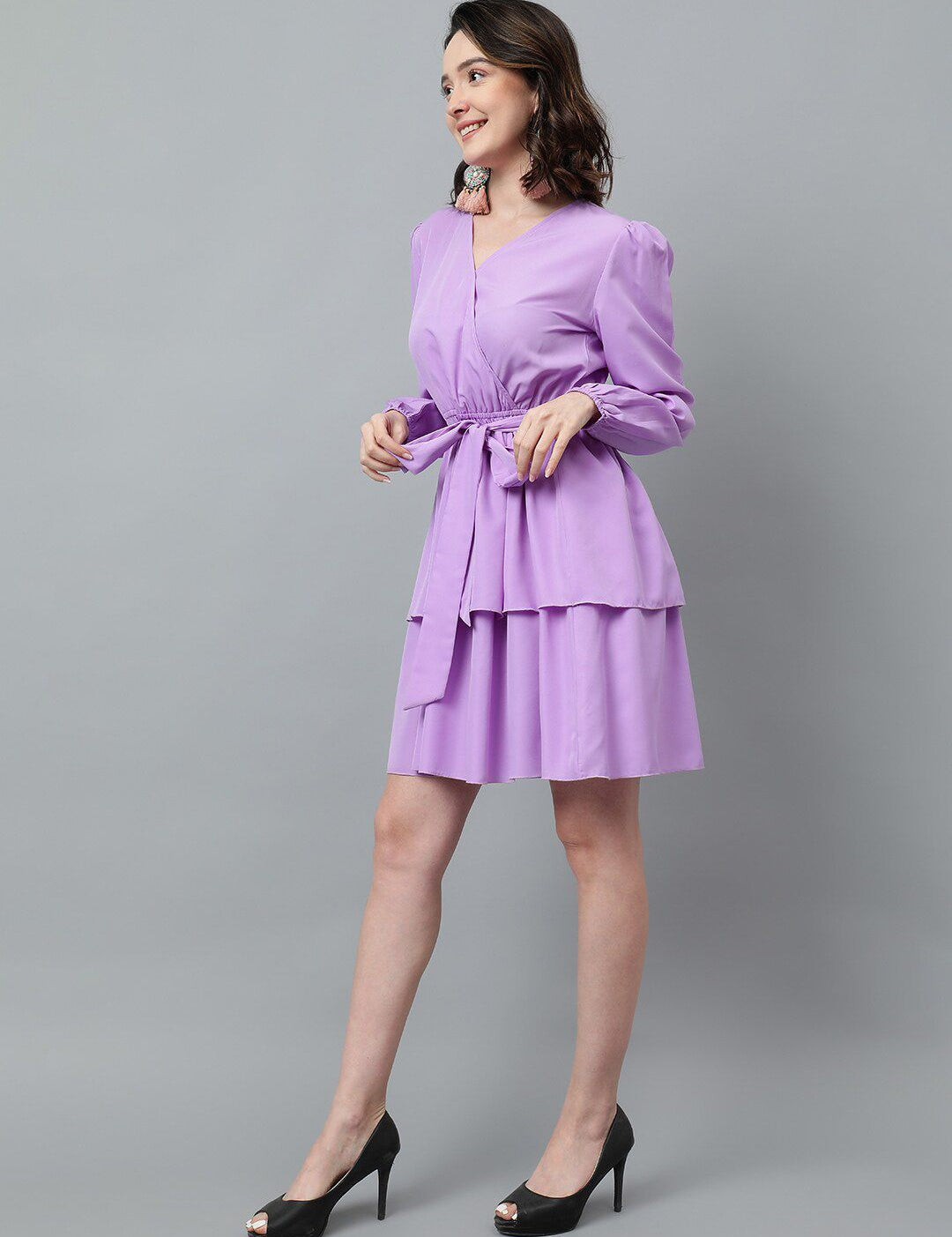 Kotty Puff Sleeved Layered Satin Wrap Dress