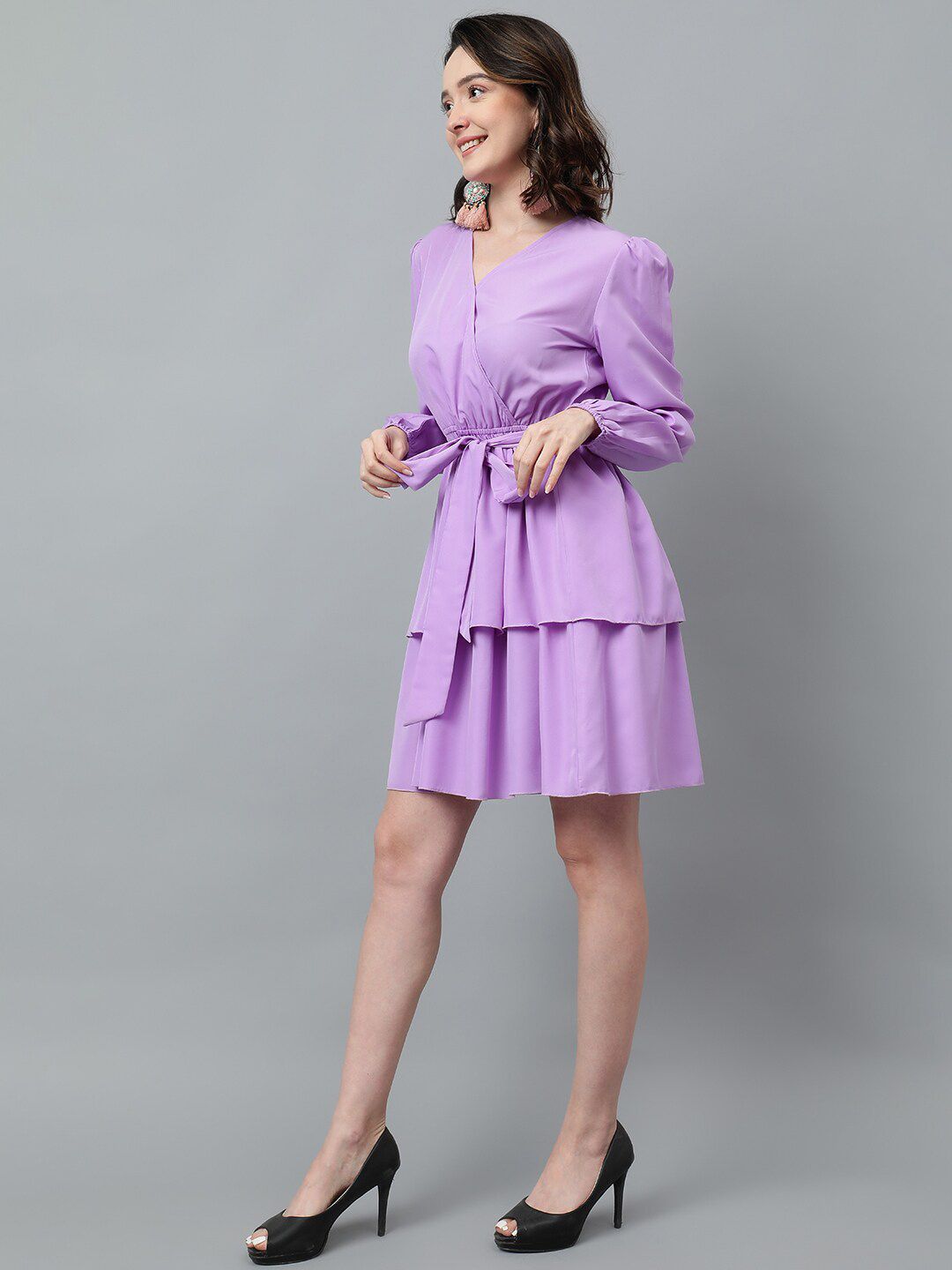 Kotty Puff Sleeved Layered Satin Wrap Dress