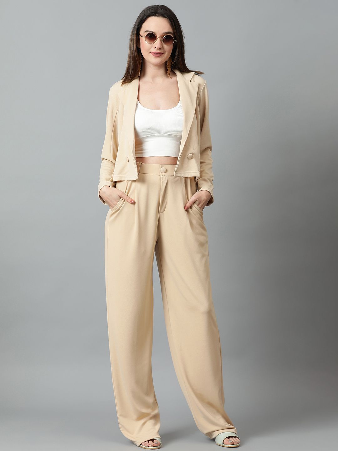 KOTTY BIZwear Beige Notched Lapel Collar Blazer & Mid Rise Trouser