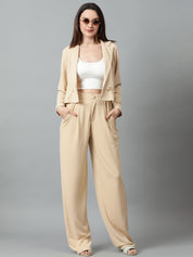 KOTTY BIZwear Beige Notched Lapel Collar Blazer & Mid Rise Trouser