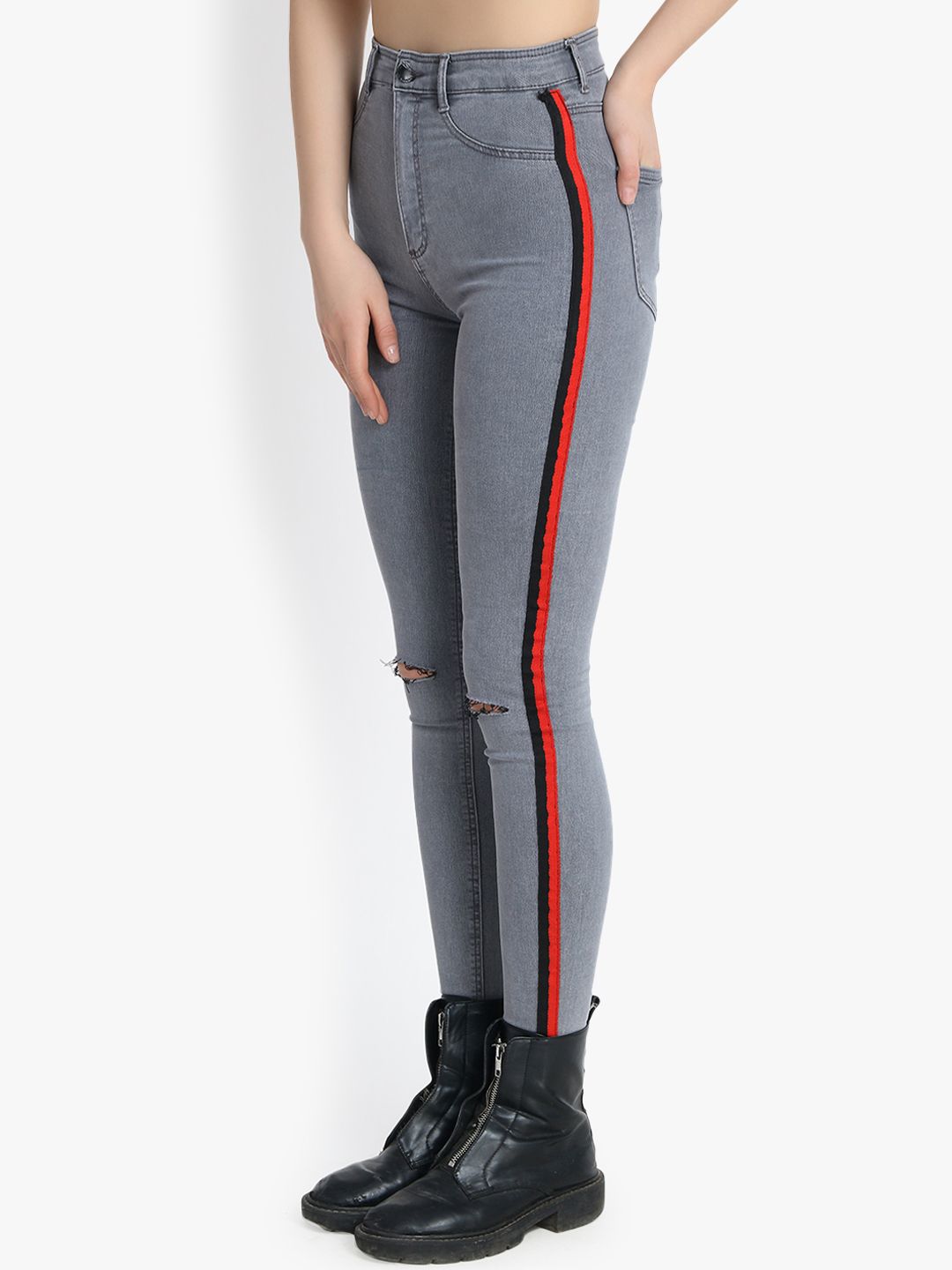 Kotty Women Grey Skinny Fit High-Rise Slash Knee Stretchable Jeans