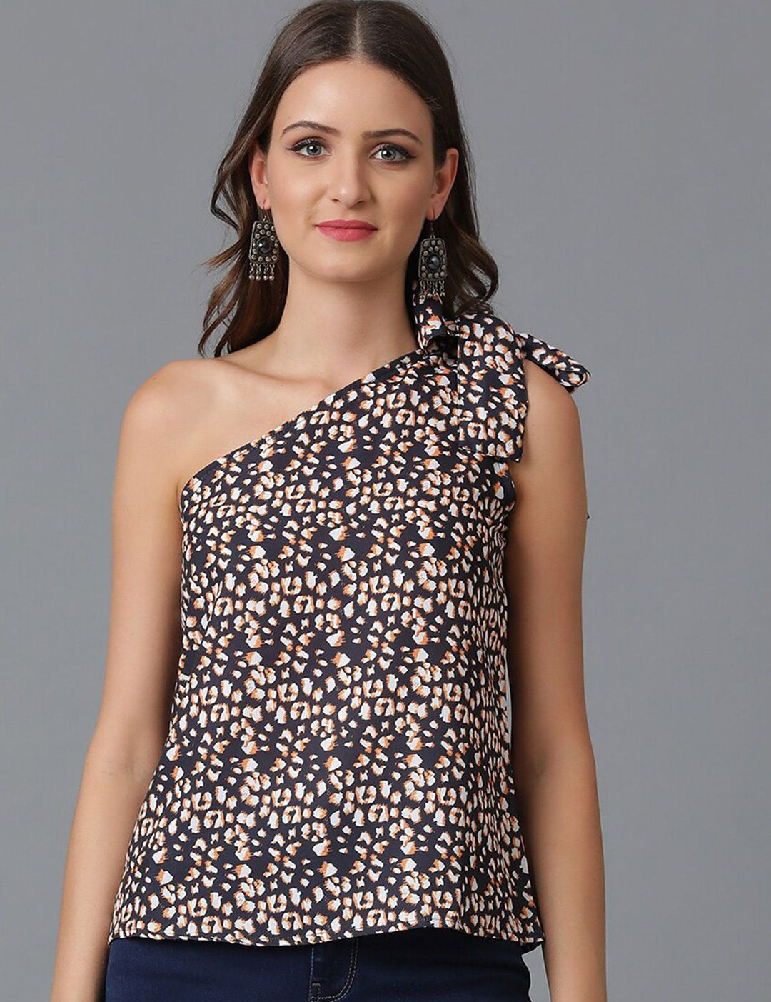 Kotty Black Floral Printed One Shoulder Crepe Top