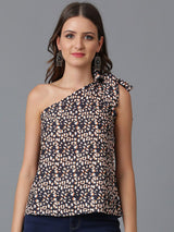 Kotty Black Floral Printed One Shoulder Crepe Top