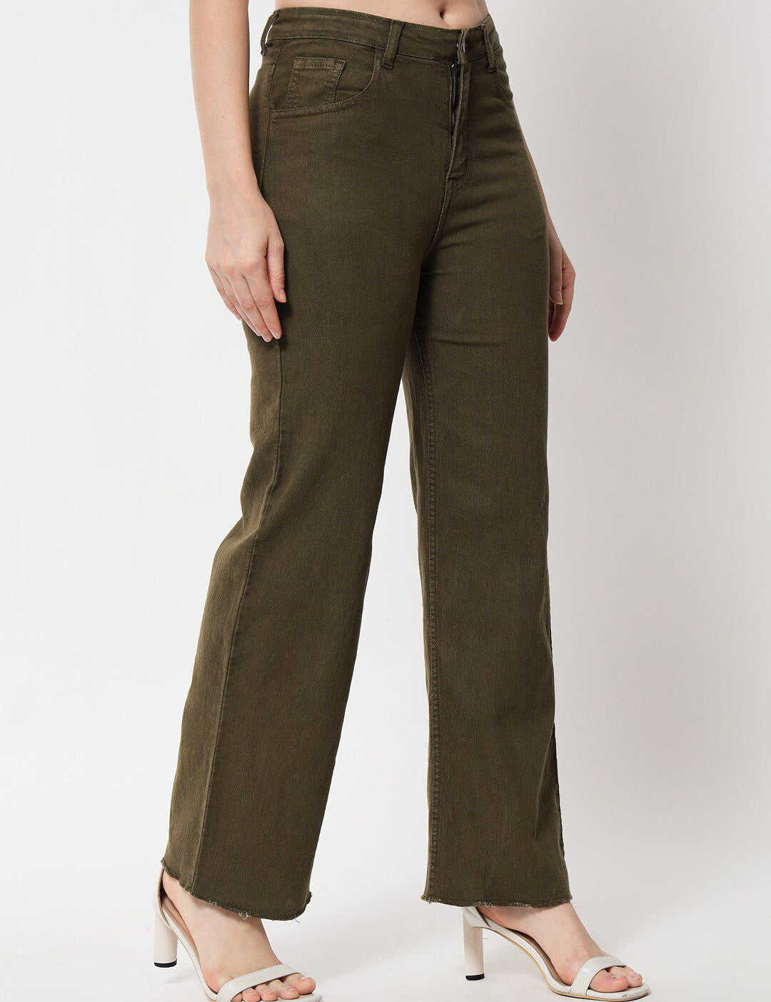 Kotty Women Olive Green Jean Straight Fit High-Rise Stretchable Jeans