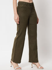 Kotty Women Olive Green Jean Straight Fit High-Rise Stretchable Jeans