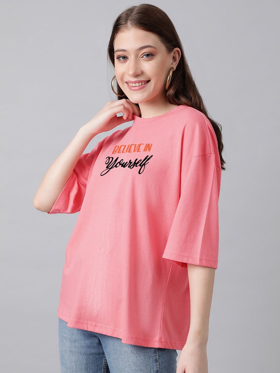 Kotty Pink Typography Printed Oversized T-shirt