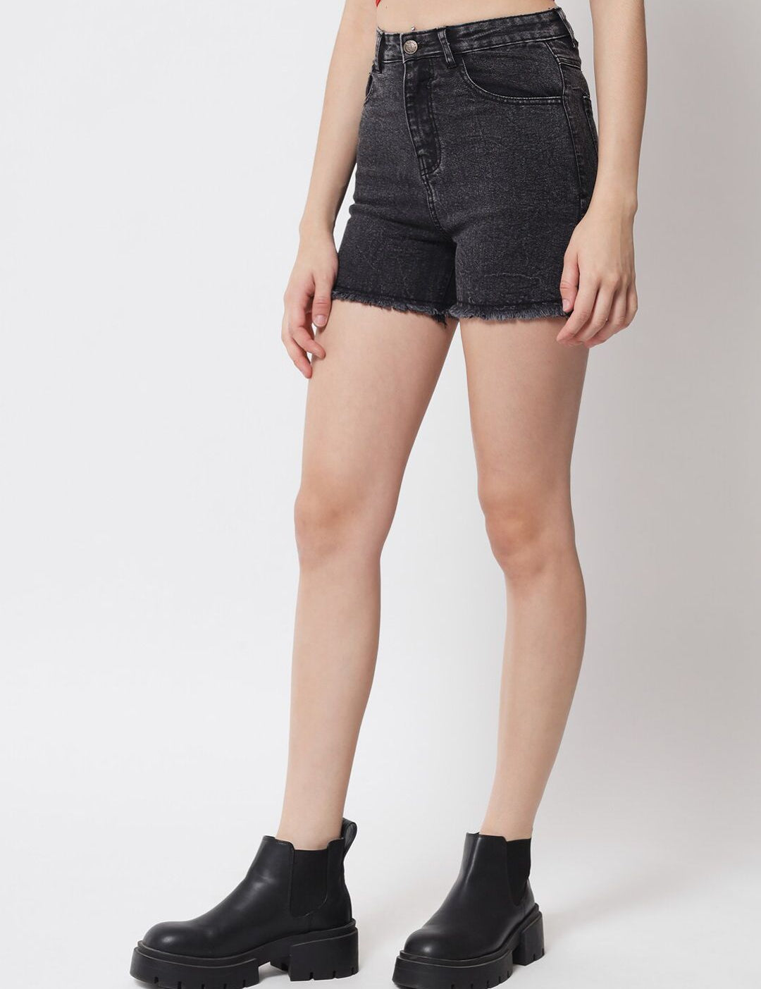 Kotty Women Black Washed High-Rise Denim Shorts