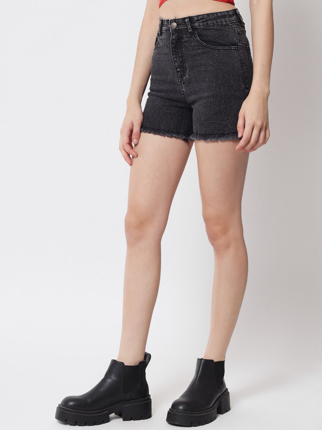 Kotty Women Black Washed High-Rise Denim Shorts