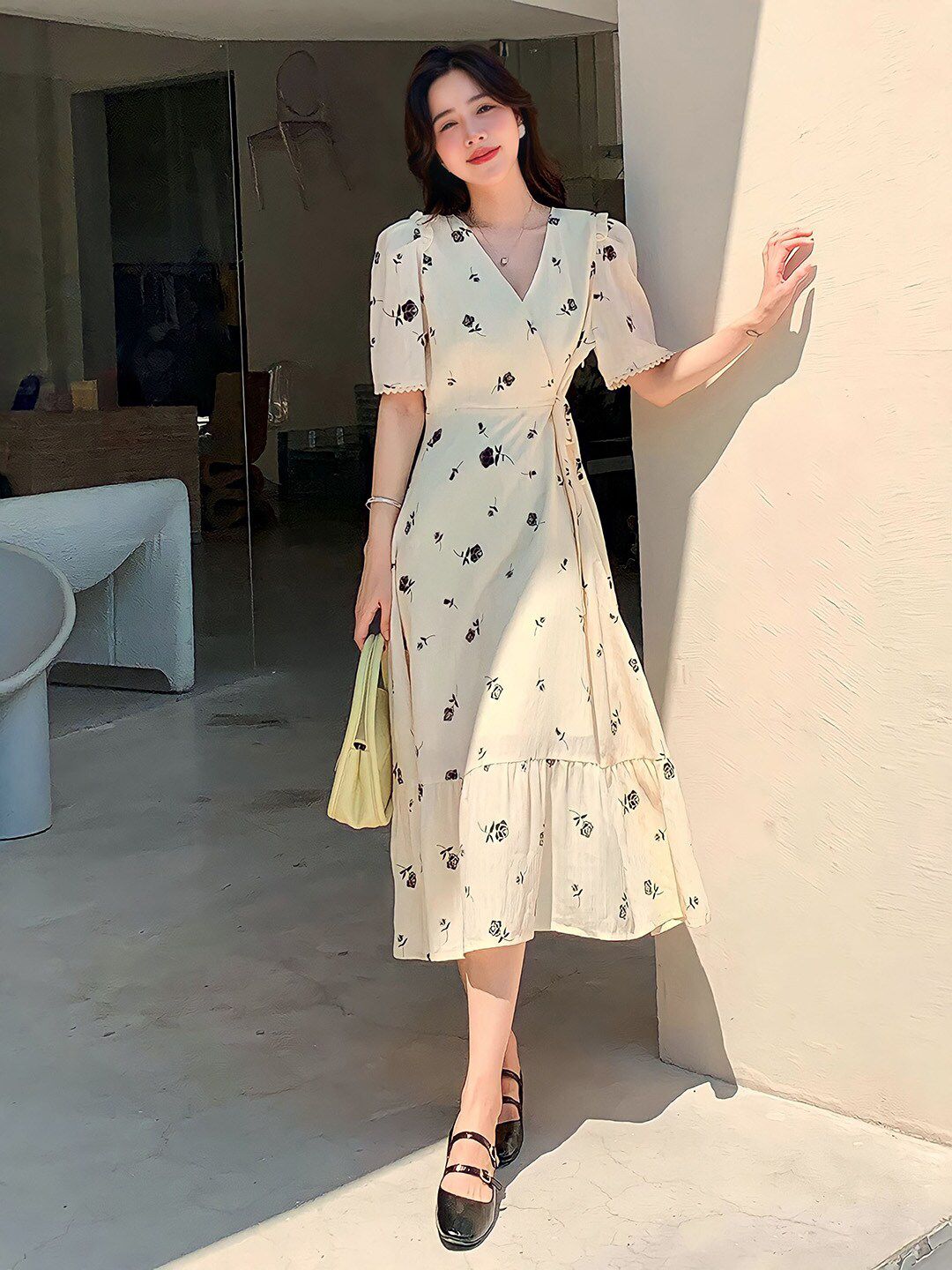 Kotty Floral Printed V-Neck Wrap Maxi Dress