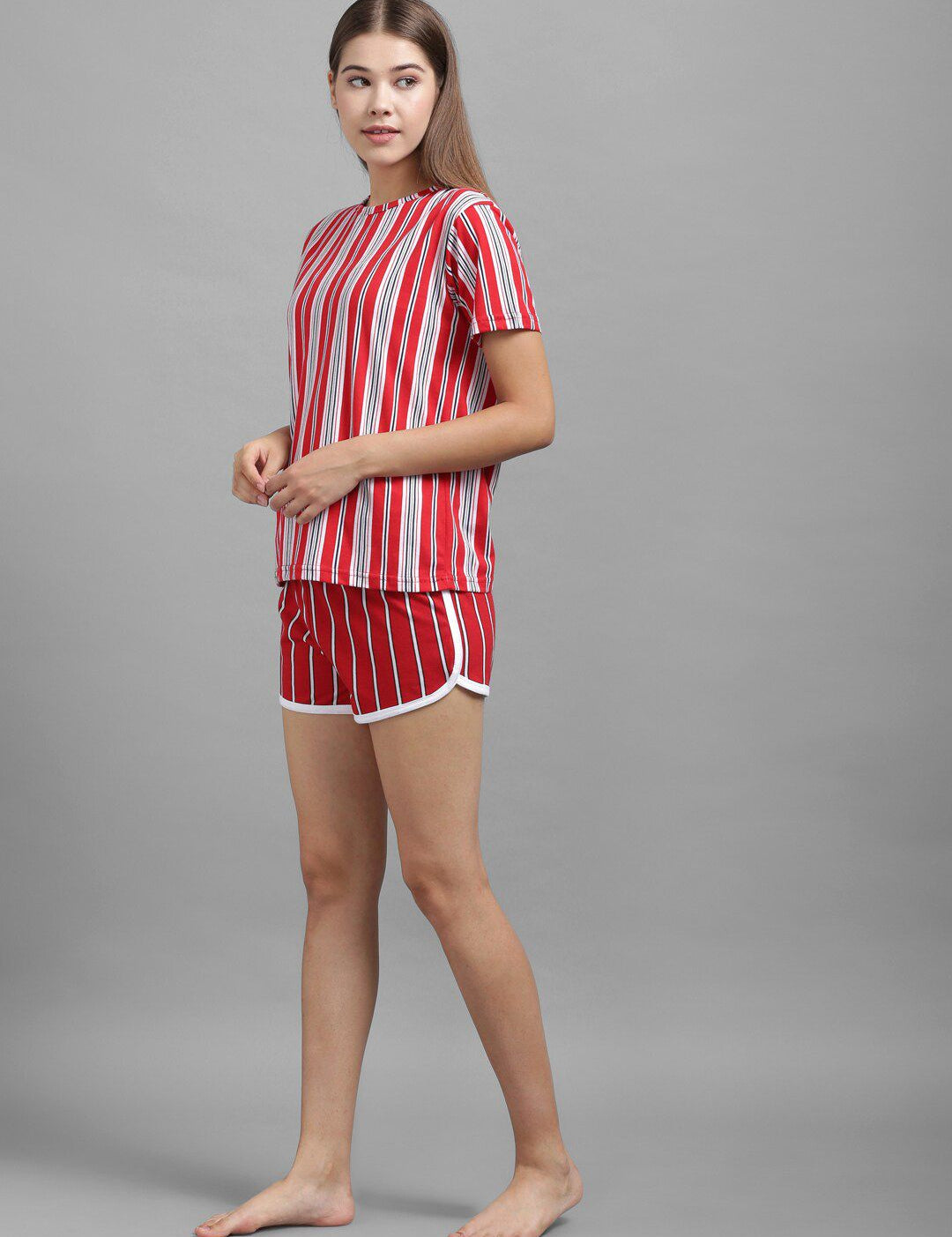 Kotty Women Red & White Striped Night suit