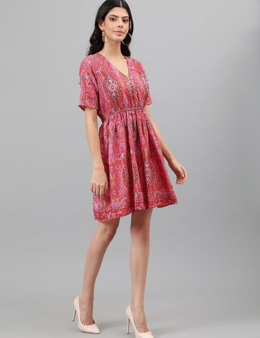 Kotty Orange And Pink Ethnic Printed V-Neck Blouson Dress