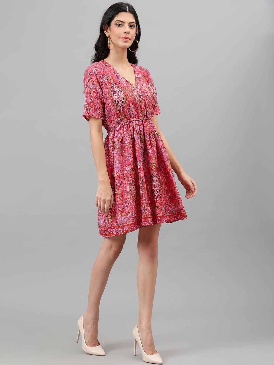 Kotty Orange And Pink Ethnic Printed V-Neck Blouson Dress