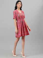 Kotty Orange And Pink Ethnic Printed V-Neck Blouson Dress