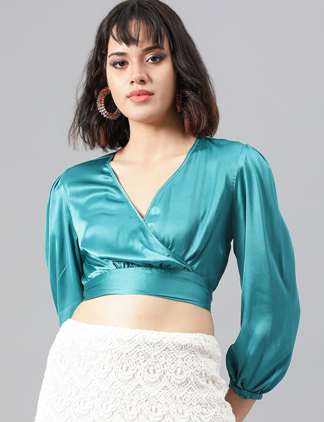 Kotty Satin Puff Sleeve Wrap Crop Top