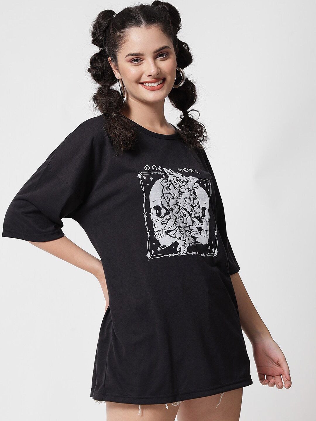 Kotty Women Black Printed Oversized T-shirt