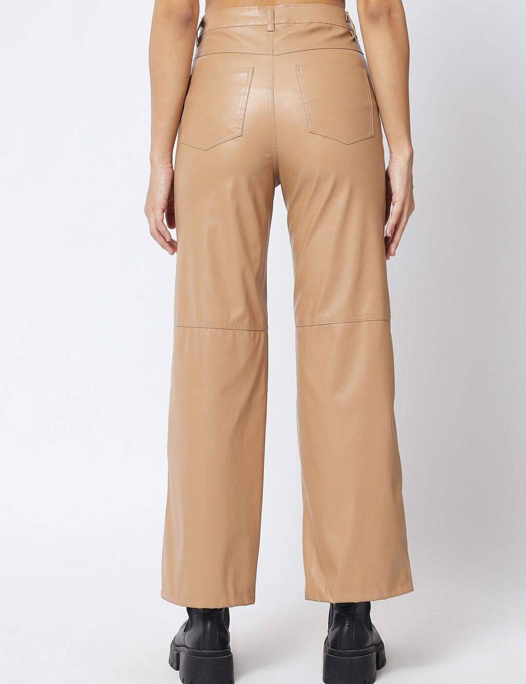 Kotty Women Beige Relaxed Straight Fit Faux Leather Trouser