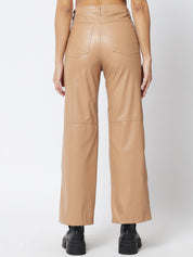 Kotty Women Beige Relaxed Straight Fit Faux Leather Trouser