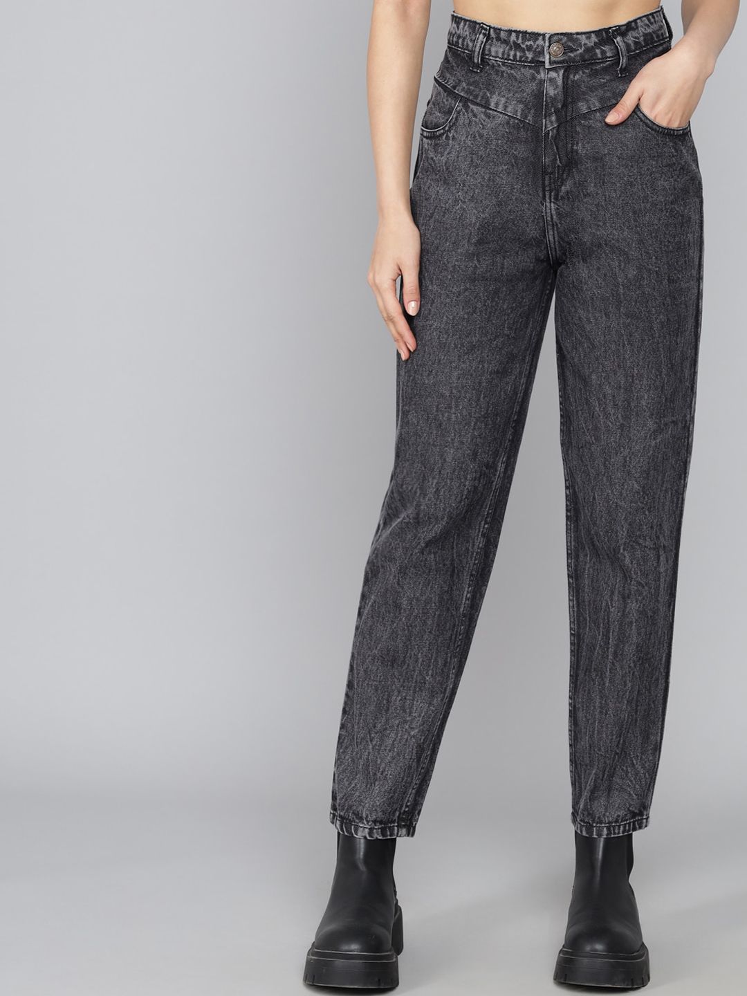 Kotty Women Black High-Rise Heavy Fade Acid Wash Non Stretchable Jeans