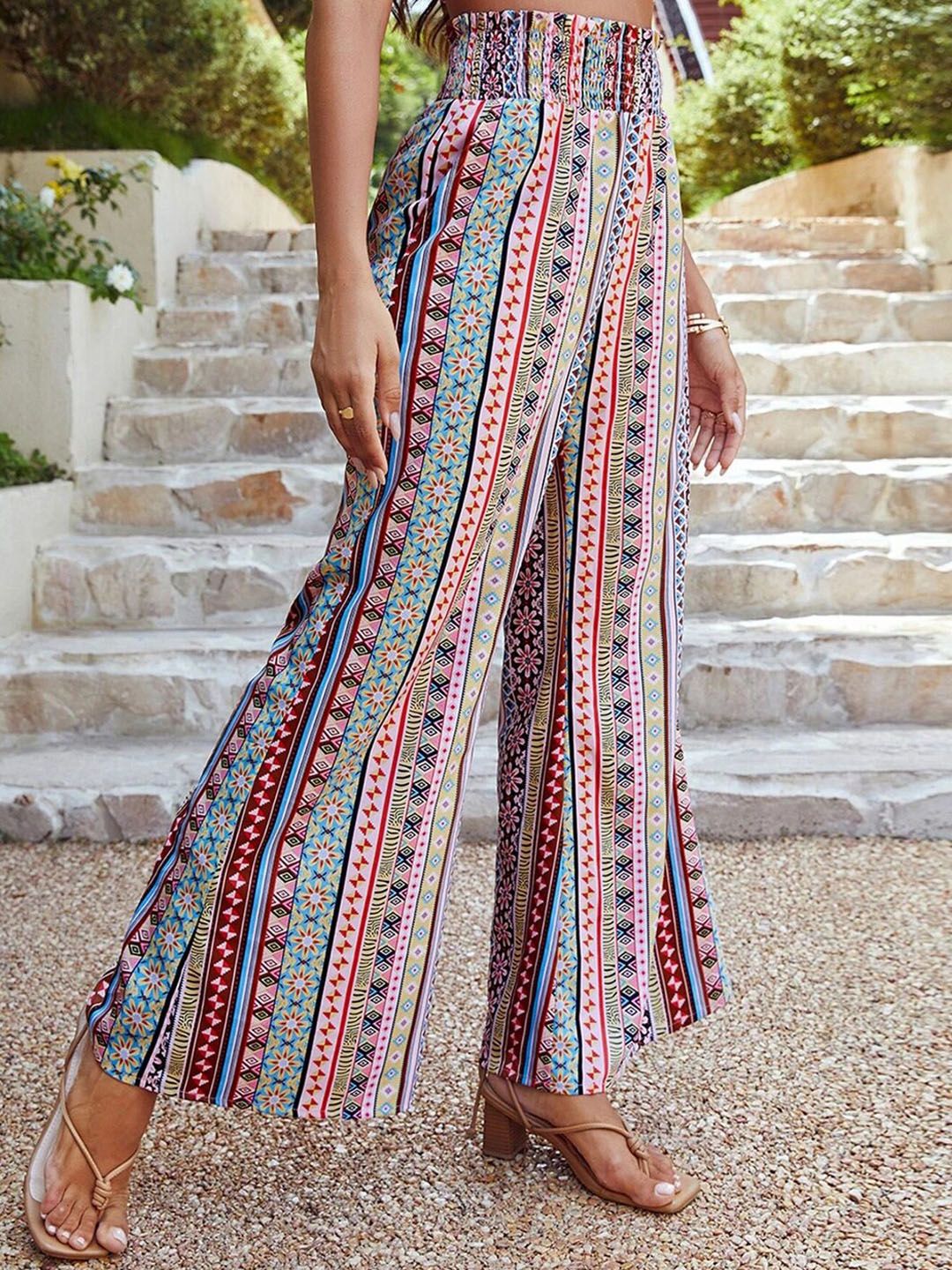 Kotty Women Striped Relaxed High-Rise Easy Wash Trousers