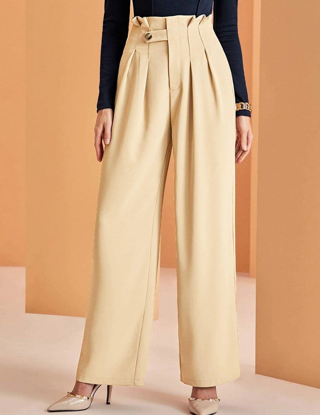 Kotty Women Relaxed Straight Leg Fit High-Rise Easy Wash Pleated Parallel Trousers  
