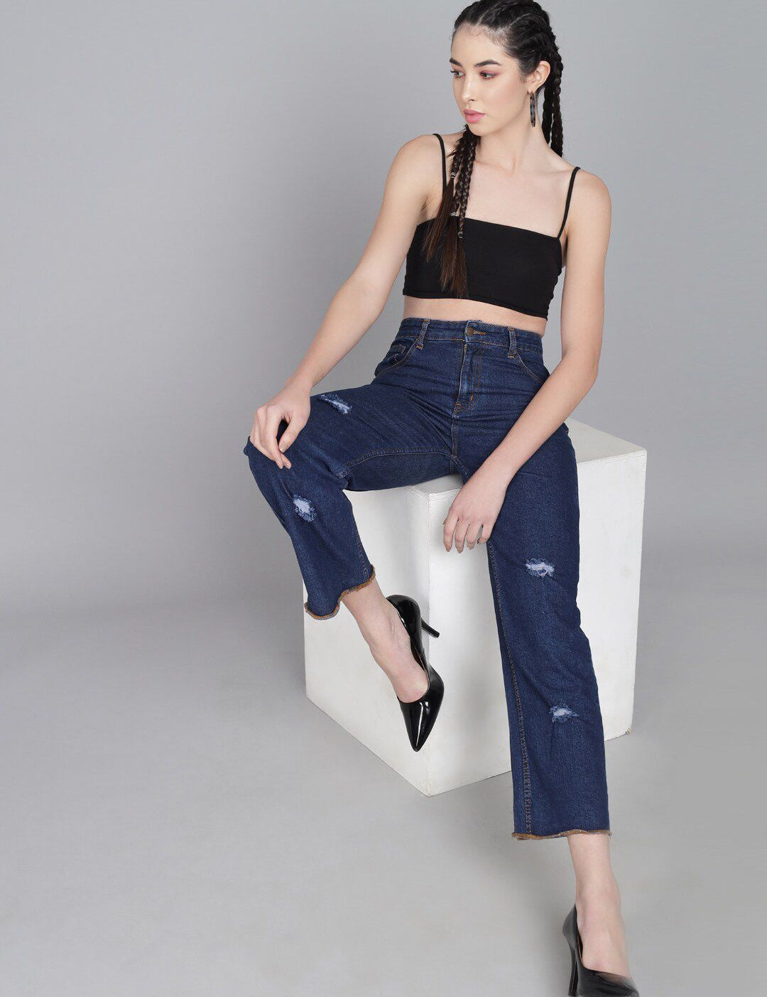 Kotty Women Blue Flared High-Rise Low Distress Jeans