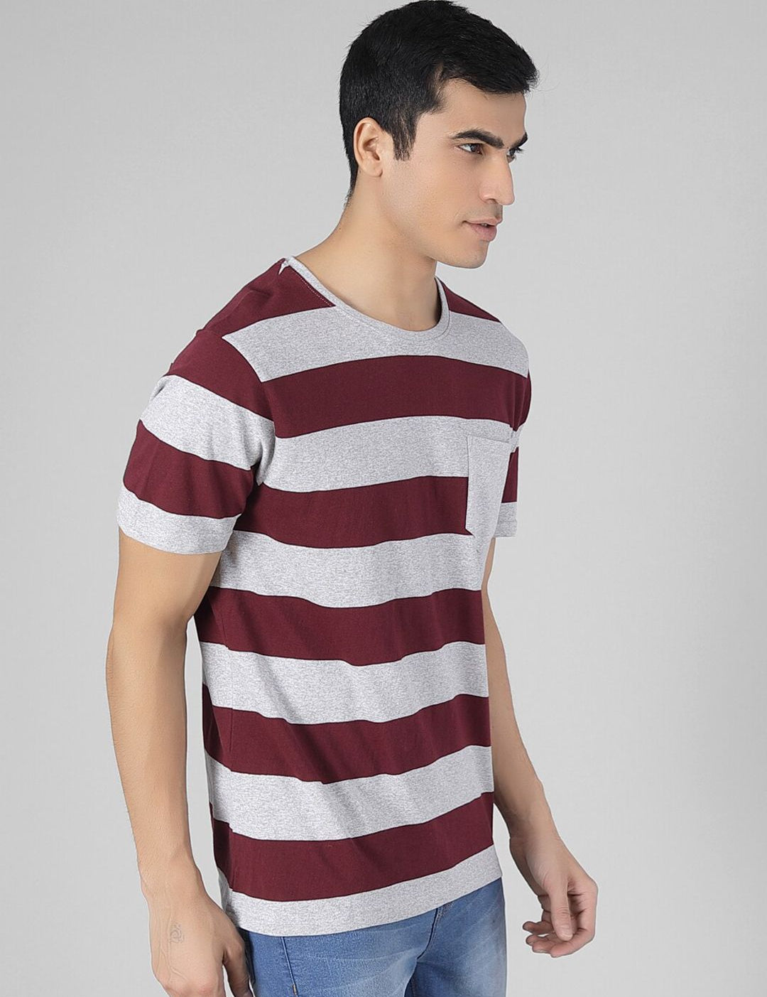 Kotty Men Coffee Brown & Grey Striped Round Neck T-shirt