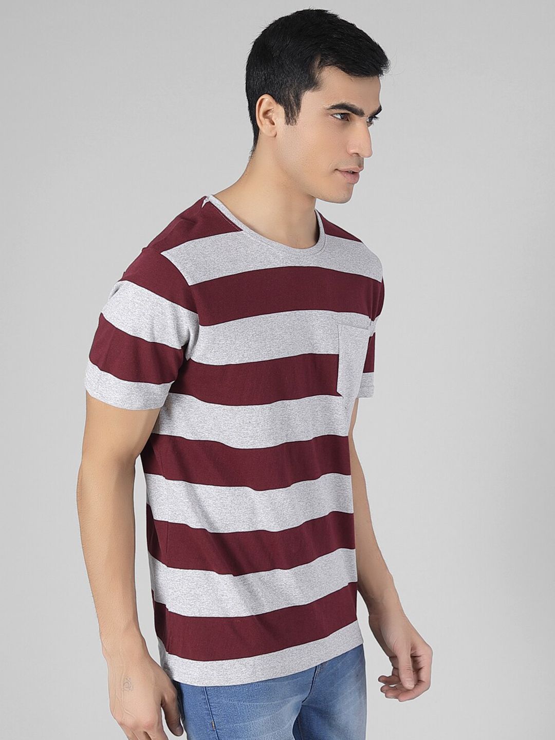 Kotty Men Coffee Brown & Grey Striped Round Neck T-shirt