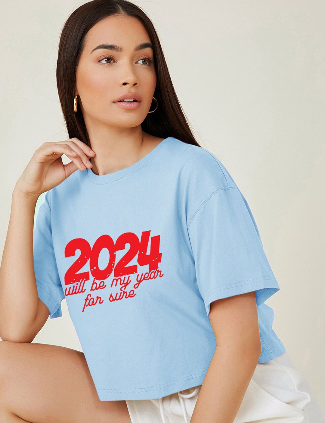 Kotty Typography Printed Round Neck Crop Oversized T-shirt