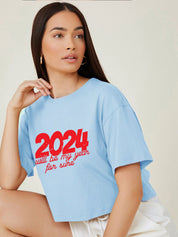 Kotty Typography Printed Round Neck Crop Oversized T-shirt