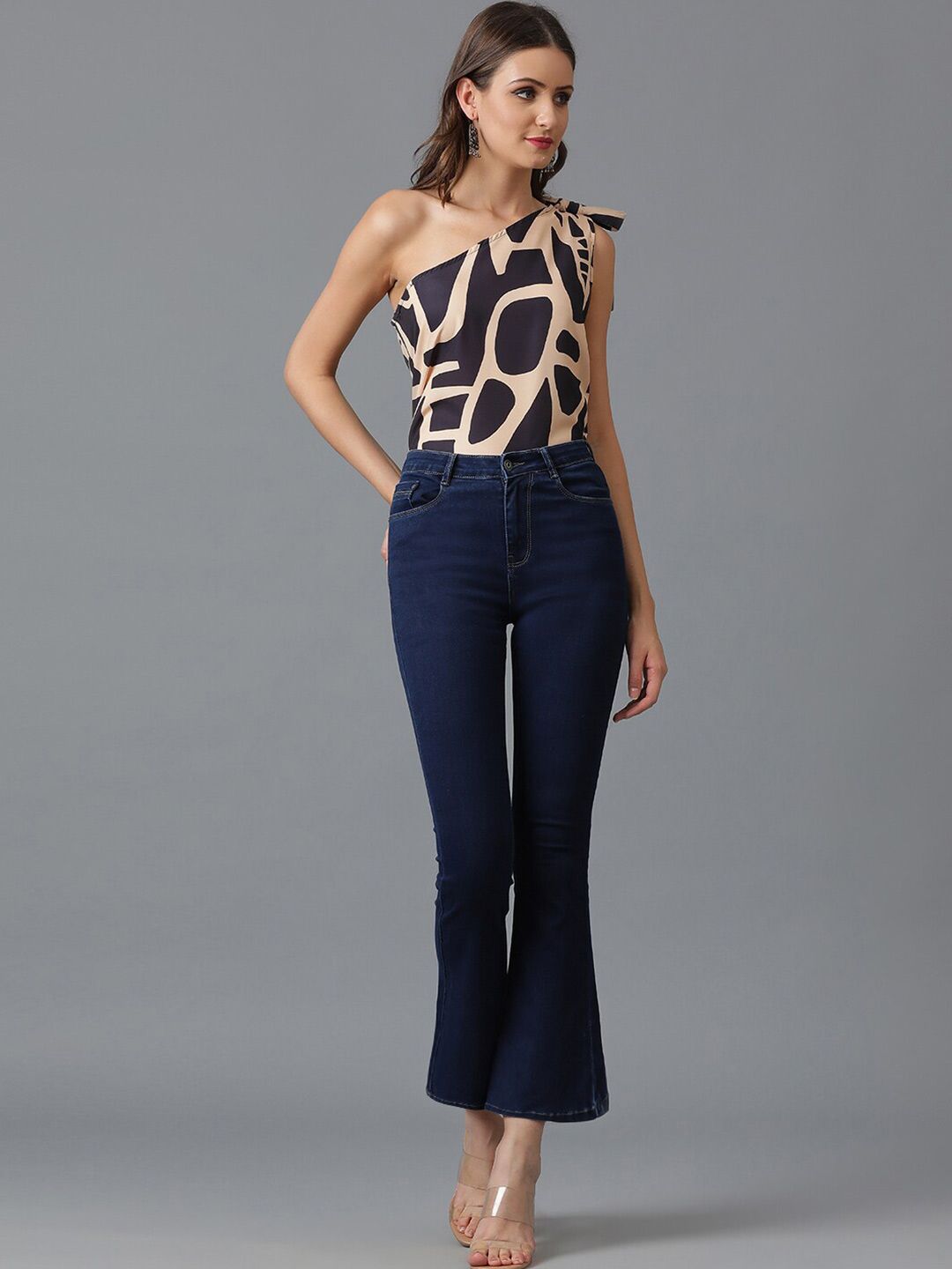 Kotty Black Abstract Printed One Shoulder Crepe Top