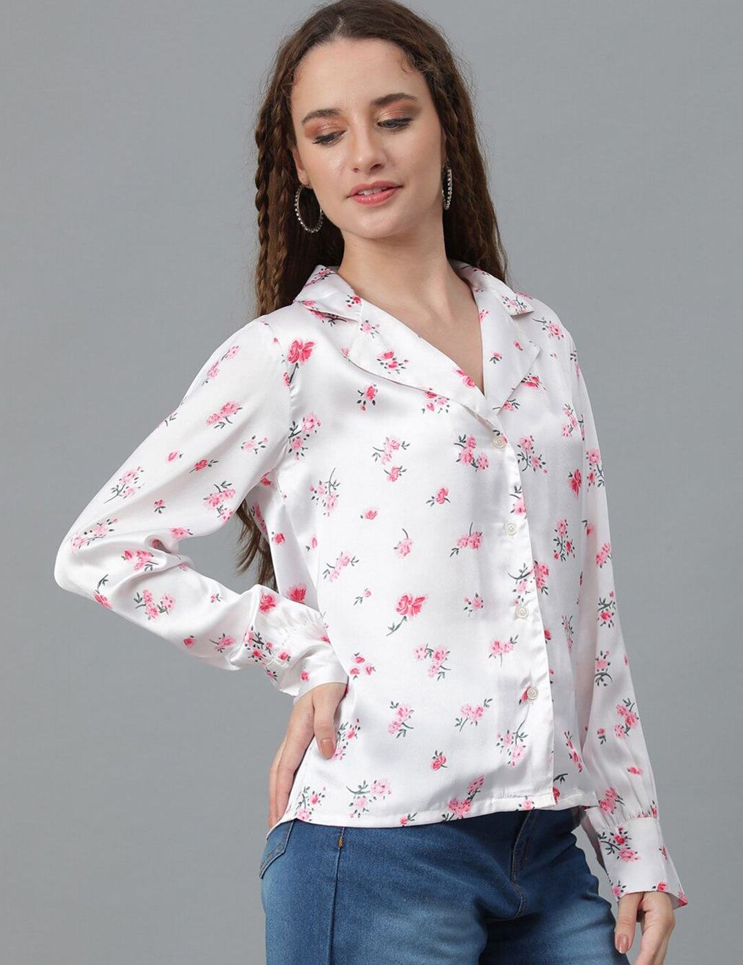 Kotty White & Pink Relaxed Floral Printed Cuban Collar Satin Casual Shirt