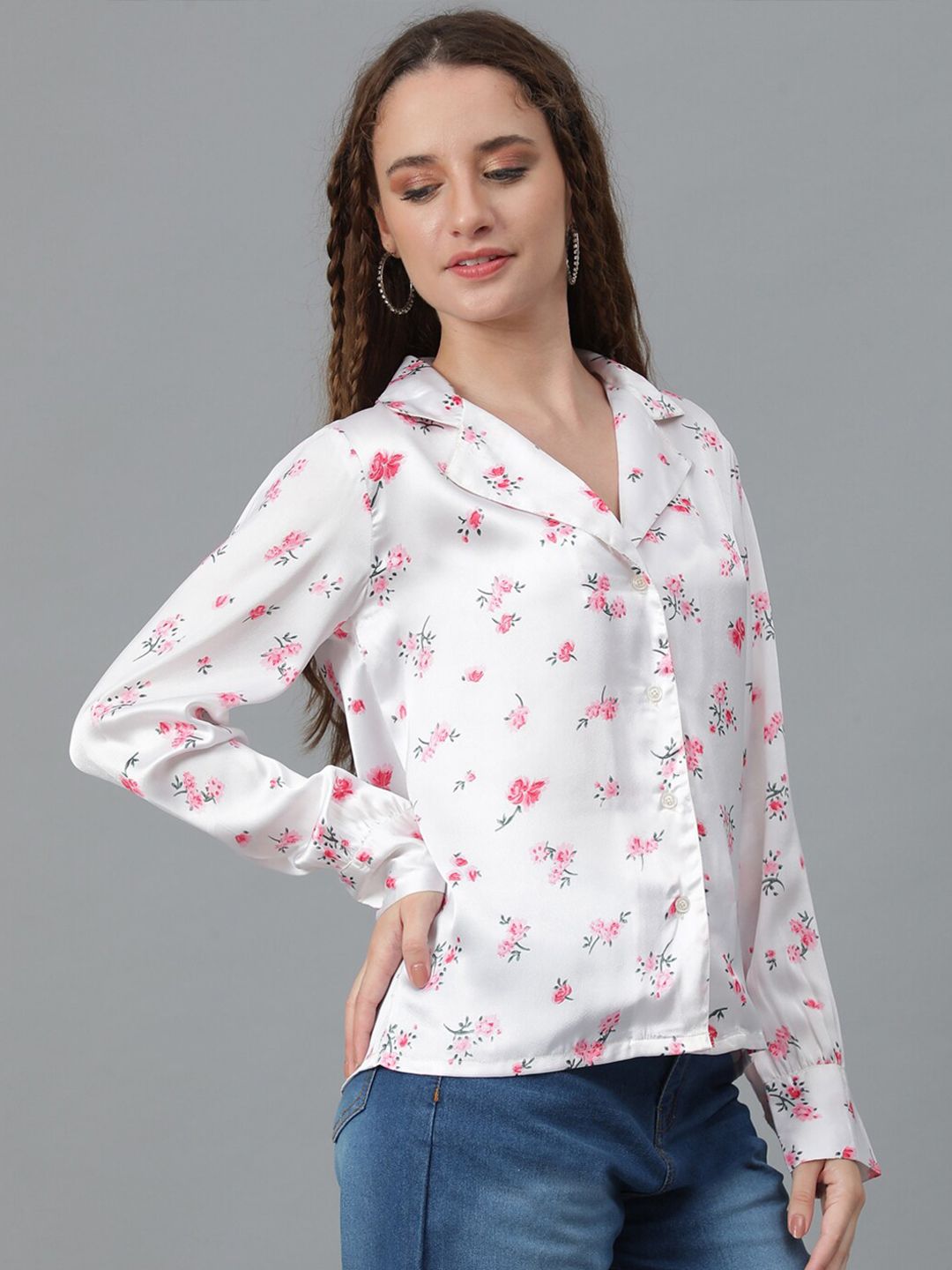 Kotty White & Pink Relaxed Floral Printed Cuban Collar Satin Casual Shirt