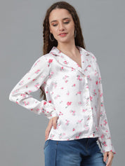 Kotty White & Pink Relaxed Floral Printed Cuban Collar Satin Casual Shirt