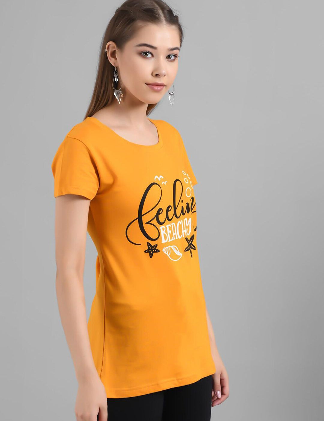 Kotty Women Yellow Printed Round Neck Longline T-shirt
