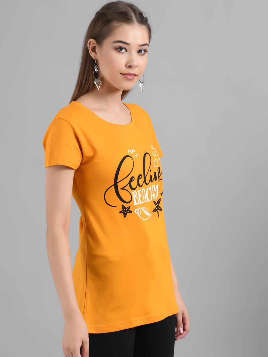 Kotty Women Yellow Printed Round Neck Longline T-shirt