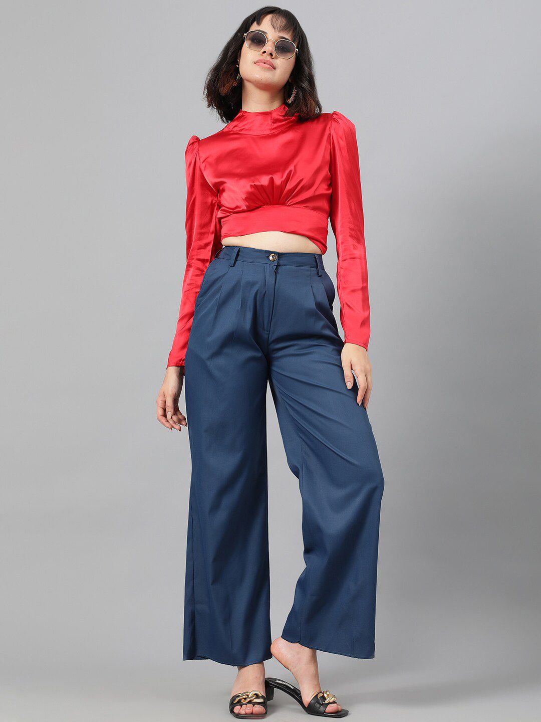 KOTTY BIZwear Women Blue High-Rise Relaxed Straight Leg Straight Fit Easy Wash Pleated Trousers