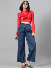 KOTTY BIZwear Women Blue High-Rise Relaxed Straight Leg Straight Fit Easy Wash Pleated Trousers