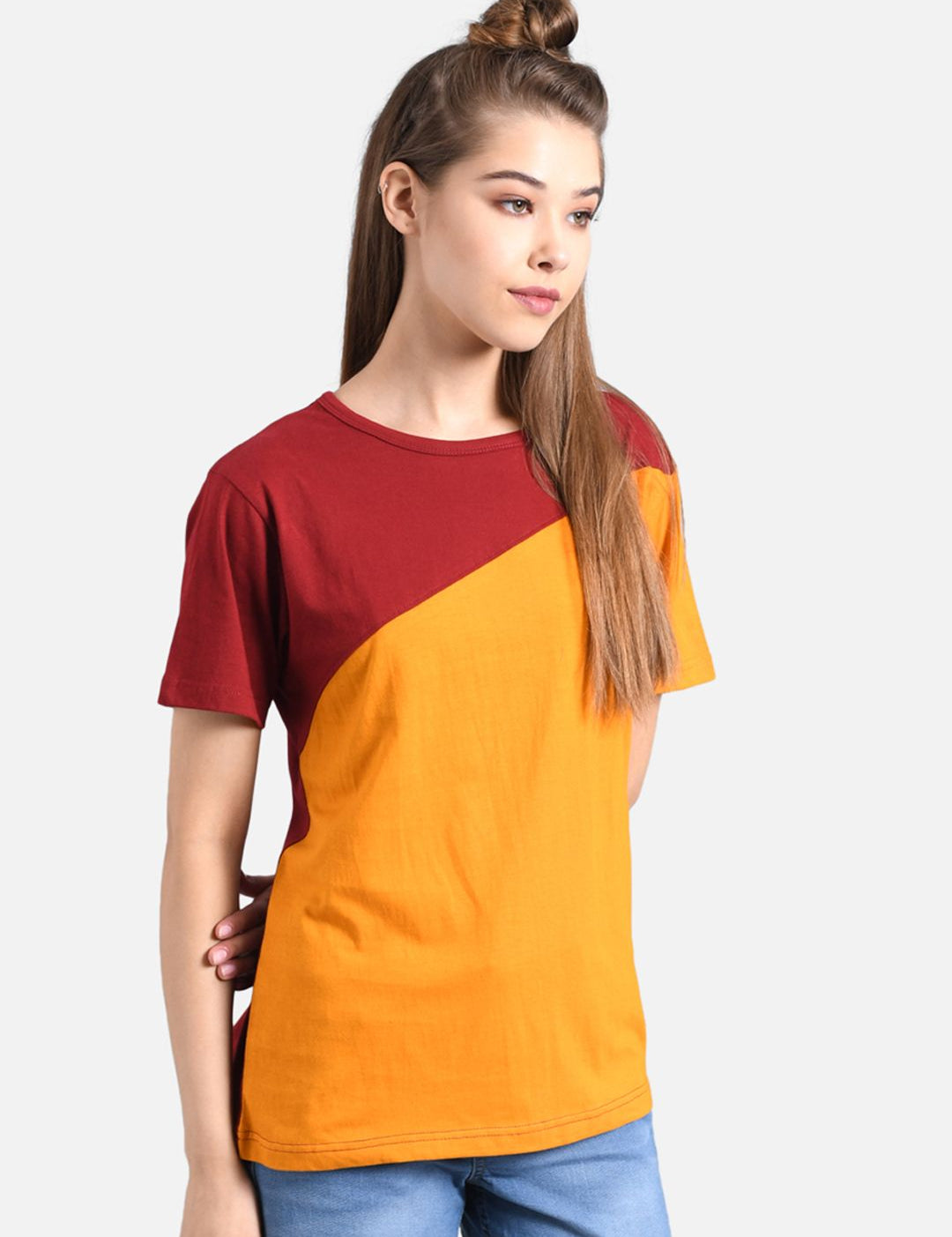 Kotty Women Yellow & Red Colourblocked Round Neck T-shirt