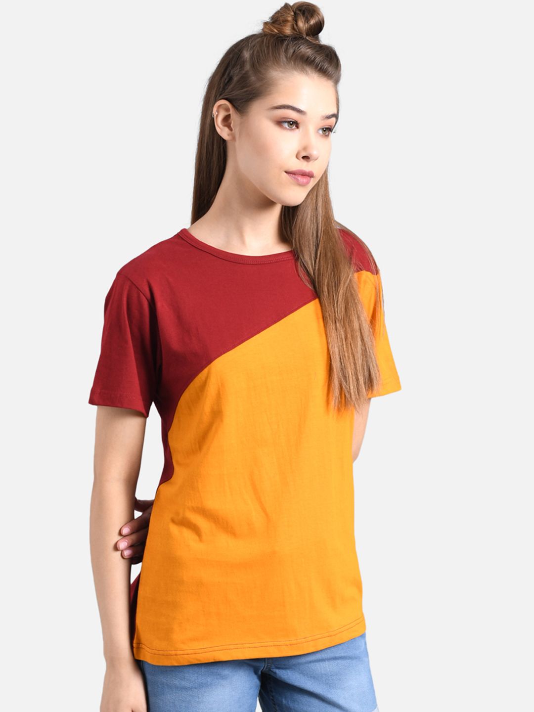 Kotty Women Yellow & Red Colourblocked Round Neck T-shirt
