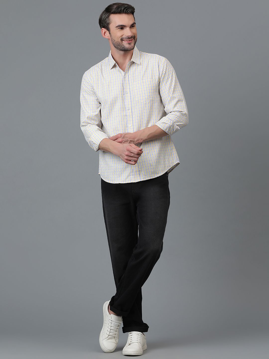 Kotty White & Yellow New Checked Spread Collar Casual Shirt