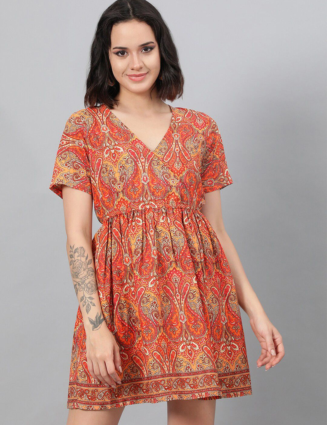 Kotty Orange Ethnic Motif Printed Fit & Flare Mini Dress
